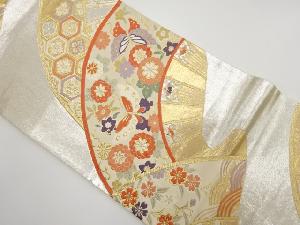 アンティーク　片輪車に蝶・菊・枝垂れ桜模様織出し袋帯（材料）